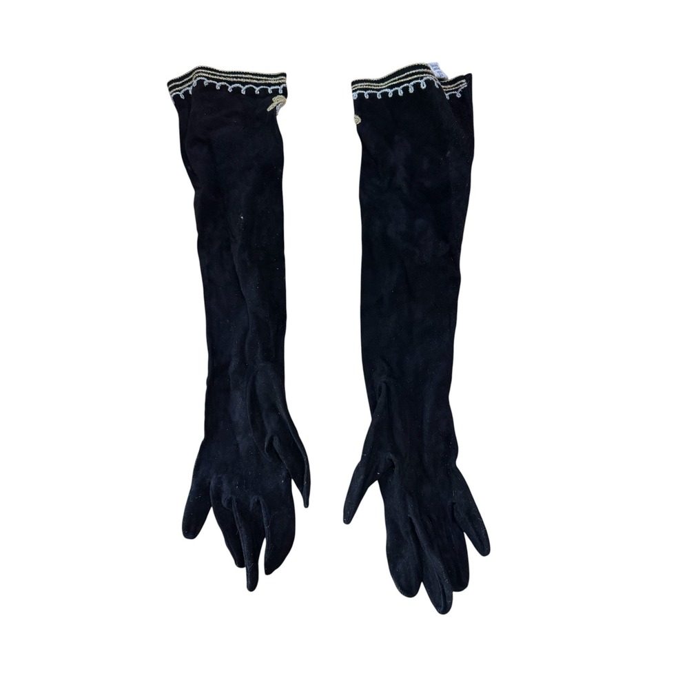 Vintage Blk Suede Opera Length Gloves Gold Silver Floral Embroidery Formal 15in - Picture 3 of 3
